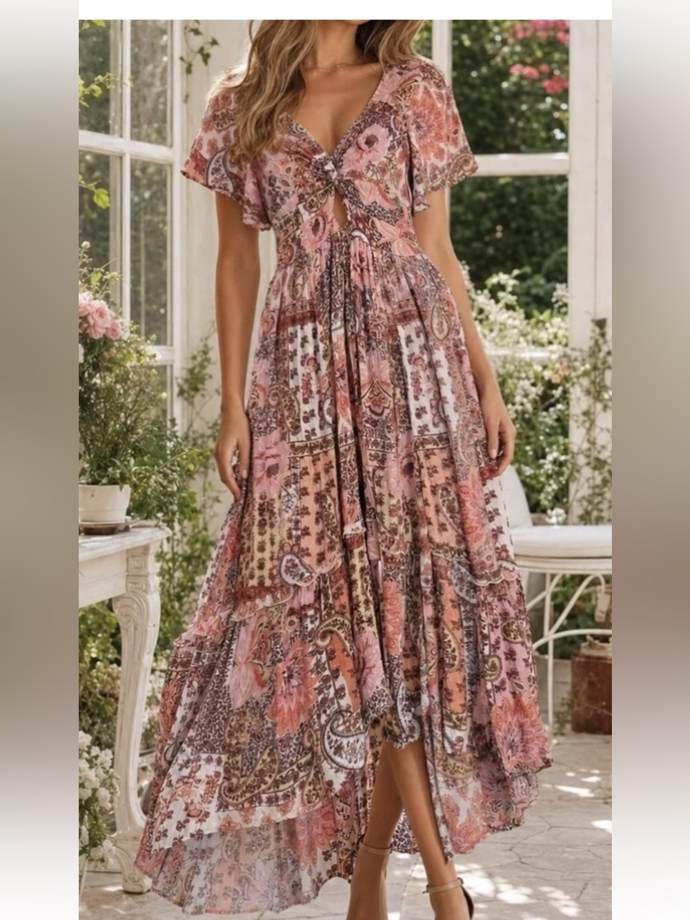 Angie Pink Paisley & floral patch work High-Low Tiered Maxi dress Sz M